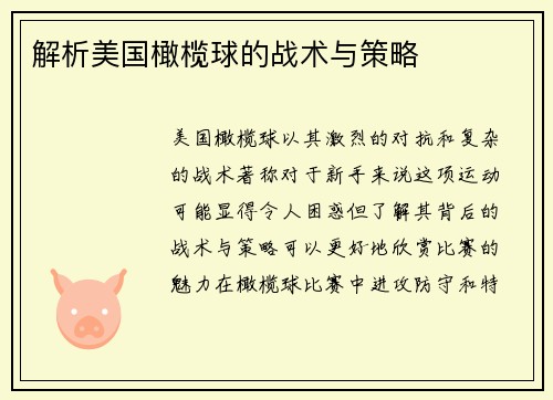 解析美国橄榄球的战术与策略